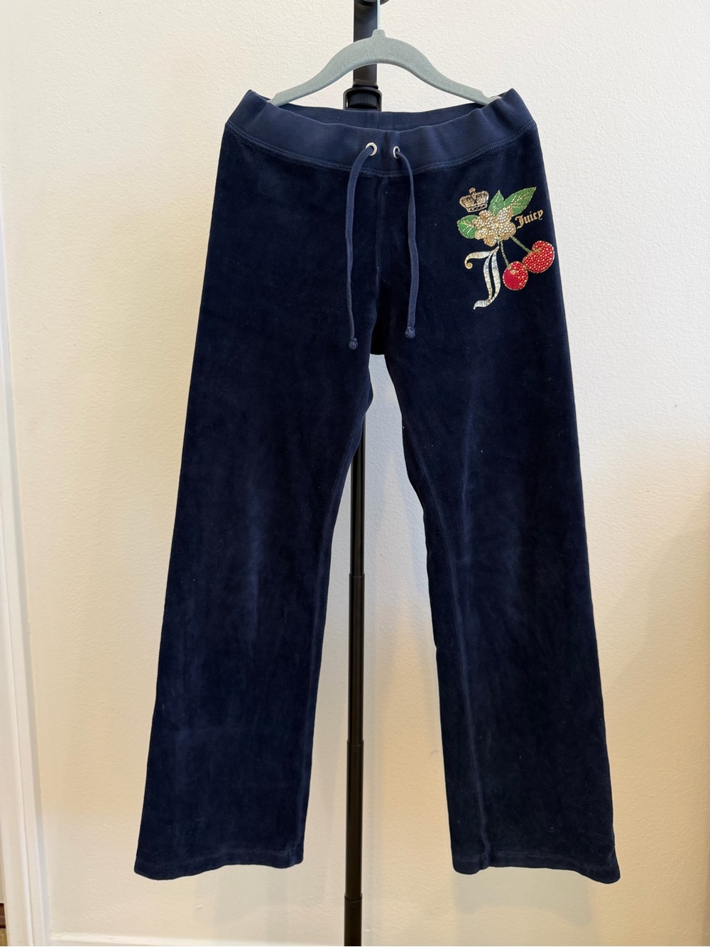 Juicy Couture Girls Navy Velour Sweatpants with Cherry Embroidery